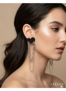 Long Black Silver Date Night Heart Danglers